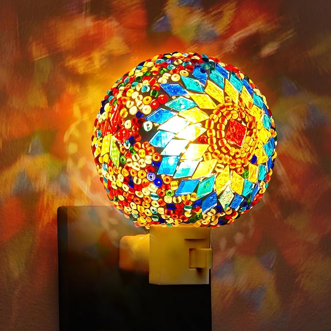 Hortsun Turkish Night Lights Plug into Wall Turkish Lamp Moroccan Lamp Stained Glass Mosaic Night Lights Plug in Bohemian Globe Decor for Living Room Corridor Bedroom Decorations