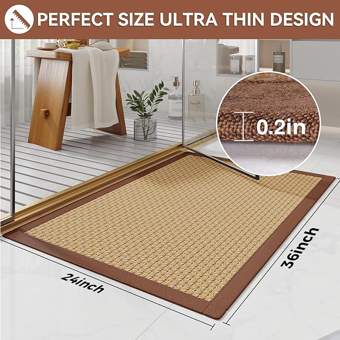 Non Slip Bath Mat Bathroom Rugs, Soft Jute-Like Ultra Thin Bath Mats, Rubber Backing Super Absorbent Quick Dry Bath Rug Shower Mat Fit Under Door Bathroom Floor, Machine Washable, Brown 24"x36"