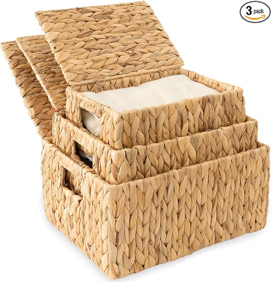 Wicker Storage Baskets with Lid, Set 3 Basket With Lid Decorative Storage Rectangle Wicker Storage Basket Large Rattan Storage Box Hyacinth Baskets