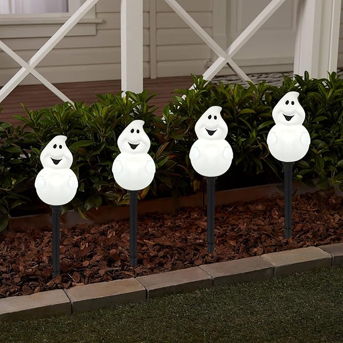 Halloween Ghost Pathway Lights Outdoor, Set of 4 Pre-lit Ghost Pathway Markers Stake Battery Operated Waterproof for Path, Yard, Lawn, Garden, Landscape Halloween Party