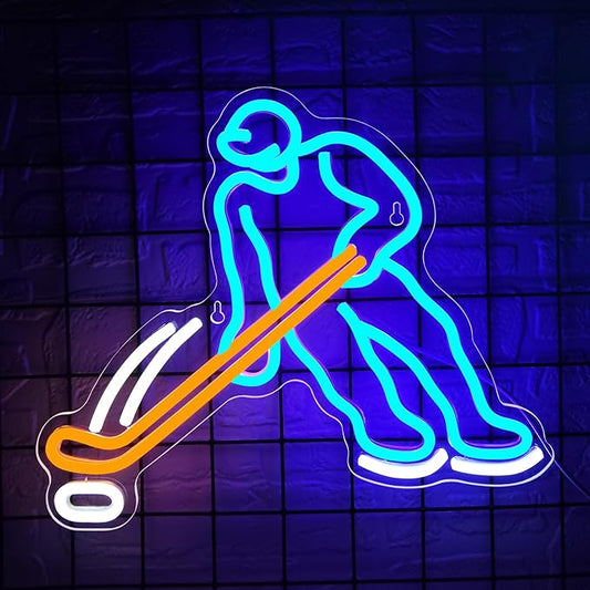 Ice Hockey Neon Sign for Wall Decor Sports Neon Sign for Man Cave Hockey Player LED Light for Garage Decor Dormitory Bar Club Shop Wall Great Birthday Gift for Men Size13.7 * 11.8inch(ZKXD194)