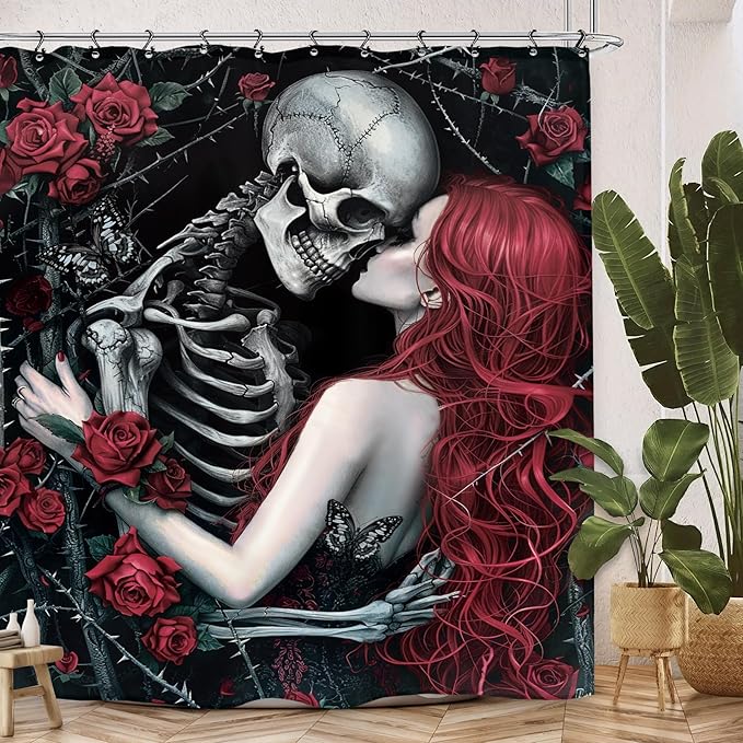 Skull Rose Gothic Halloween Shower Curtain 60Wx72L Inch Skeleton Scary Horror Black Red Horror Spooky Flower Floral Holiday Bathroom Set Accessories Decor with 12 Pack Hooks