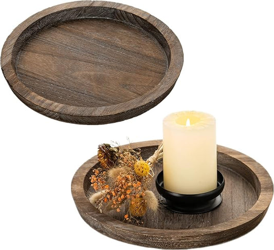 Romadedi Rustic Wooden Tray Candle Holder - Small Decorative Plate Pillar Candle Tray Wood for Farmhouse Kitchen Countertop Coffee Table Organizer Home Decor Wedding Centerpiece, Size L-2pcs