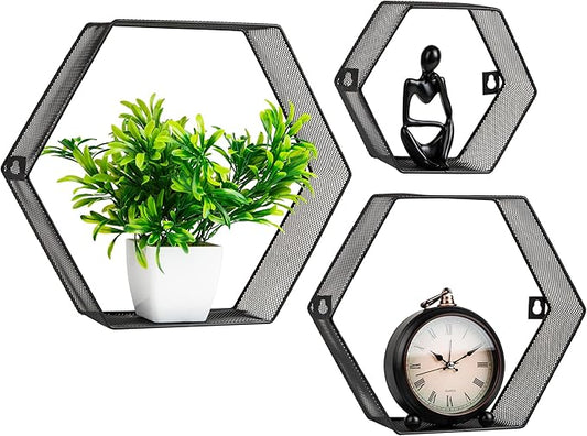 Mind Reader Hexagon Floating Shelves, Wall Decor, Honeycomb Accent Shelf, Office, Metal Mesh, 14" L x 4" W x 12" H, Set of 3, Black