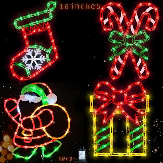 Christmas Decorations - 16" Christmas Window Silhouette Lights - 4 Pack Colour Lighted Christmas Stocking,Candy Cane,Gift Box,Santa for Holiday Indoor/Outdoor Wall Door Window Decorate