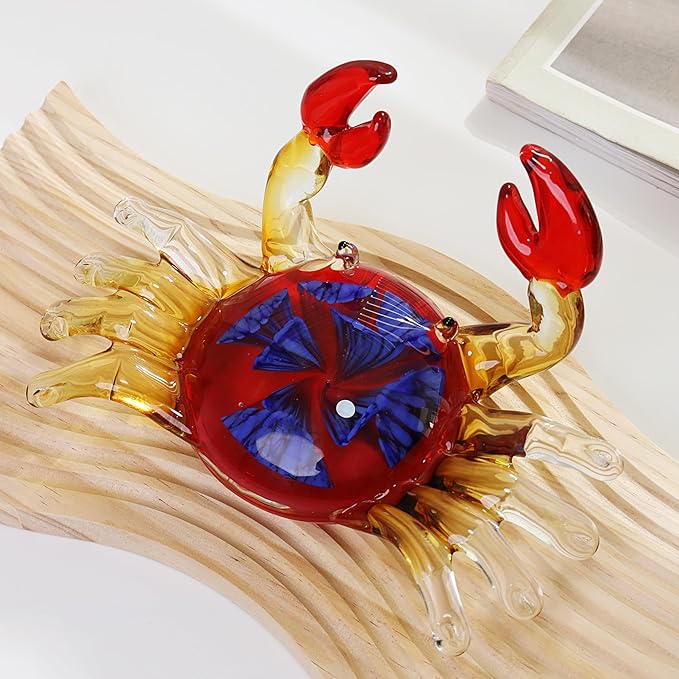 YAOYUAN Handmade Red Glass Crab Paperweight with Blue Flower - Unique Glass Animal Sculpture for Home Decor