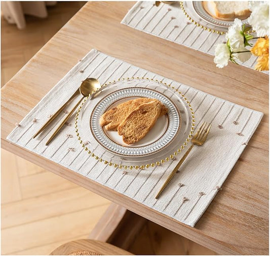 Placemats Set of 4 for Dining Table Décor, Woven Cloth Place Mats for Farmhouse Kitchen Tabletop, Handcrafted Machine Washable Cotton Table mats 13 x 19 Inch, Taupe and Beige