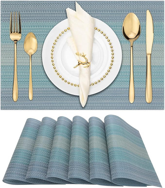 Winknowl Placemats, Set of 6 Heat Resistant Stain Resistant Woven Vinyl Insulation Placemats, Durable Washable Elegant Table Mats for Dining (Blue)