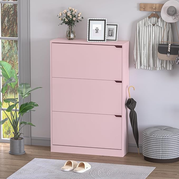 Shoe Cabinet with 3 Flip Drawers, Hidden Wood Shoe Cabinet,Freestanding Shoe Storage Cabinet for Entryway Hallway.White. 47.2" H*31.5" W*9.25" D (Pink)