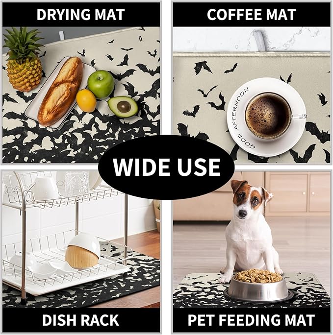 Halloween Bats Halloween Dish Drying Mat for Kitchen Counter 16x18 Inch Microfiber Absorbent Drying Mats Washable Dishes Drainer Mats Reusable Dish Rack Pad for Coffee Bar