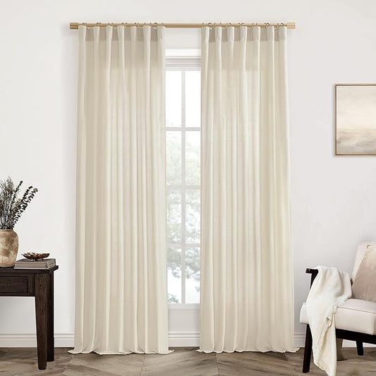 XTMYI Beige 100 Inches Long Country Curtains for Living Room,Sheer Linen Shabby Chic Curtains for Bedroom,50 Inches Wide