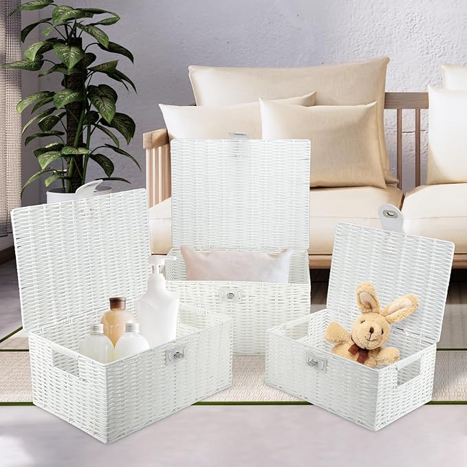 Honygebia White Wicker Storage Baskets - Set of 3 Decorative Nesting Boxes with Lids, Woven Basket with Lock & Handle, Organizer for Beauty Makeup Bathroom Decor