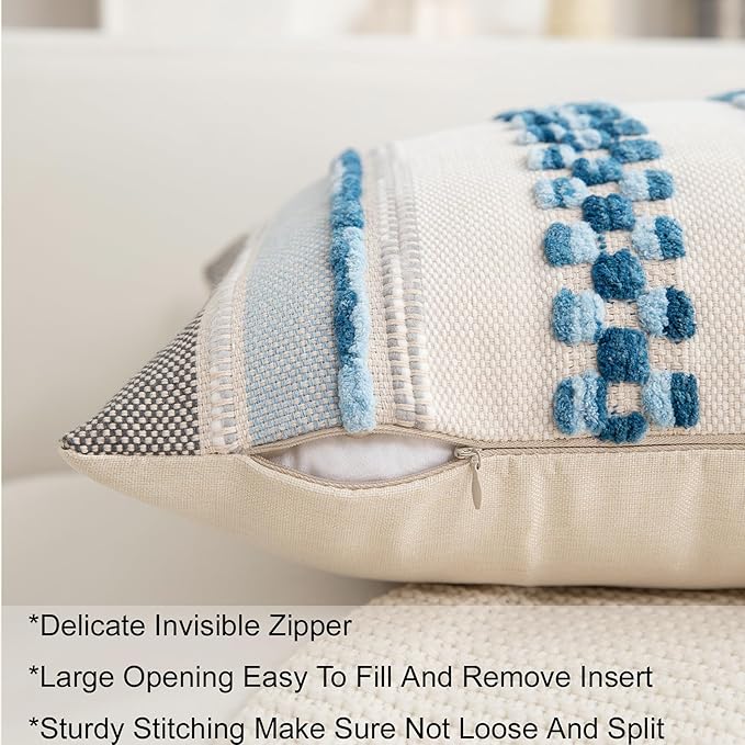 Boho Pillow Covers 18x18 Set of 2 for Couch-Modern Farmhouse Sofa Decorative Blue Throw Pillow Covers Textured Chenille Cushion Covers Outdoor Netural Bohemian Pillow Cases Square