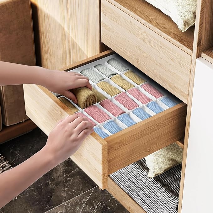 Joyoldelf Sock Organizer Drawer Organizer - 2 Packs Underwear Organizer, 48 Cells Collapsible Closet Organizers and Storage Sock Holders Organizers for Storing Socks, Ties, Belts(White)