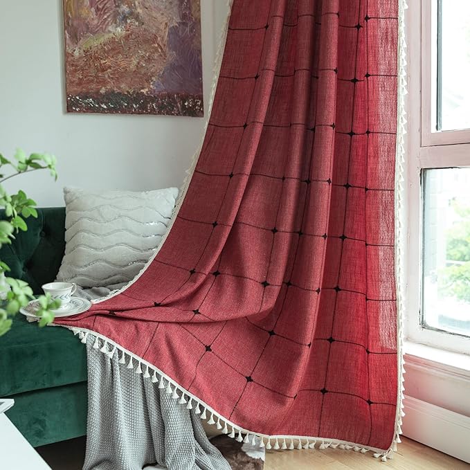Sutuo Home Boho Curtains for Bedroom 96 Inch Length, Semi Blackout Checkered Linen Farmhouse Vintage Chic Tassels Window Treatment Bohemian Drape for Xmas Decor 1 Panel 52" W x 96" L, Red Plaids