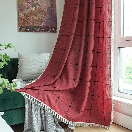 Sutuo Home Boho Curtains for Bedroom 96 Inch Length, Semi Blackout Checkered Linen Farmhouse Vintage Chic Tassels Window Treatment Bohemian Drape for Xmas Decor 1 Panel 52" W x 96" L, Red Plaids