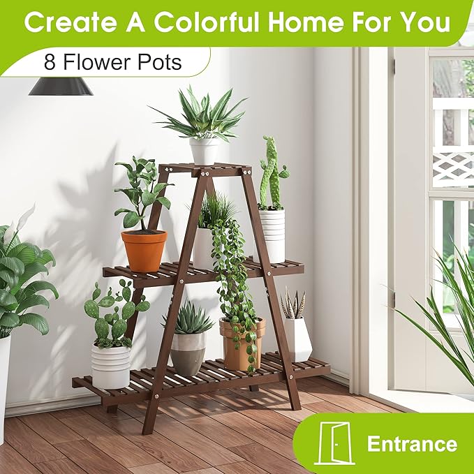 BMOSU Plant Stand Bamboo for Indoor Outdoor Tiered Plant Shelf 8 Potted Flower Holder Ladder Rack Garden Balcony Living Room Patio(3 Tier Brown)