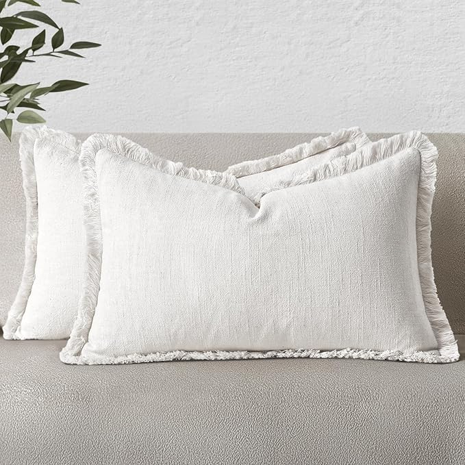 MIULEE Decorative Lumbar Throw Pillow Covers Neutral Linen Fringe Throw Pillows Set of 2 White Boho Farmhouse Cushion Covers with Tassels for Couch Sofa Bed Living Room Spring Home Decor 12x20 Inch