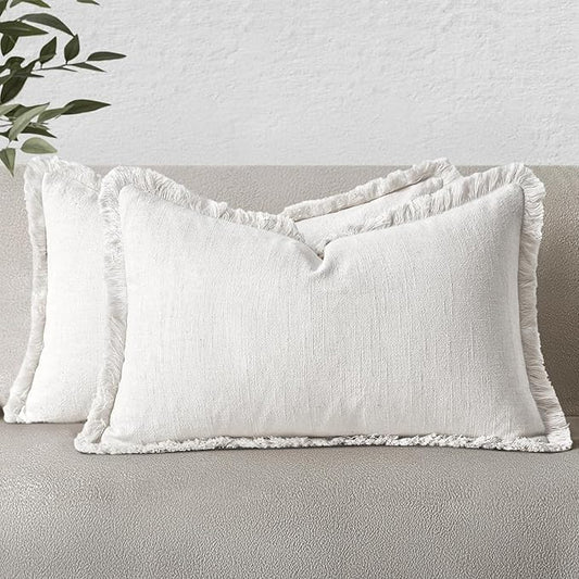 MIULEE Decorative Lumbar Throw Pillow Covers Neutral Linen Fringe Throw Pillows Set of 2 White Boho Farmhouse Cushion Covers with Tassels for Couch Sofa Bed Living Room Spring Home Decor 12x20 Inch