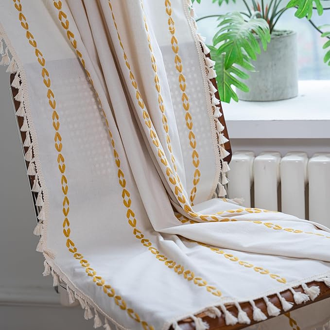 Sutuo Home Boho Curtains for Living Room Bedroom, Semi Blackout Farmhouse Vintage Shabby Chic Tassels Window Treatment Bohemian Embroidery Drape, Rod Pocket 1 Panel 52" W x 96" L, White and Gold
