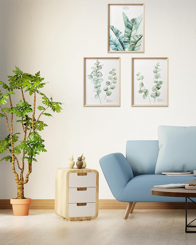 Framed Wall Art,Minimalist Botanical Canvas Wall Art for Living Room,12x16in Plant Wood High-Framed Design Flower Green Eucalyptus Leaf Artworks Prints Poster for Bathroom,Bedroom Set of 3