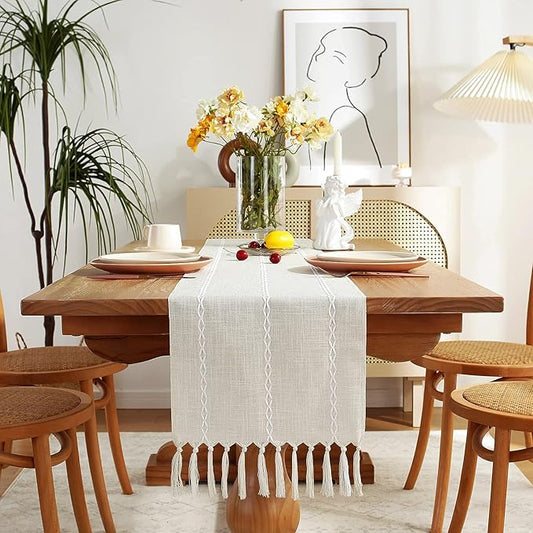 Chassic Rustic Farmhouse Style Linen Table Runner, Boho Handmade Fringe Braided Stripe Table Runners 108 Inches Long for Holiday Party, Wedding and Dining Decorations, 13 x 108 inch - Ivory