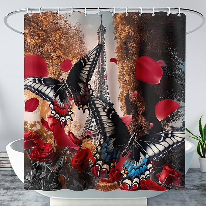 AILONEN Butterfly Shower Curtain for Bathroom,Romantic Red Rose Flower Butterfly Bath Curtain 72" W*72" H,Retro Eiffel Tower Decoration Waterproof Bathroom Curtain with 12 Plastic Hooks