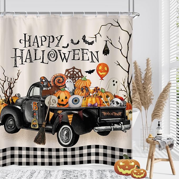 Halloween Truck Shower Curtain 60Wx72L Inch Pumpkin Horror Spooky Scary Skull Ghost Farmhouse Buffalo Bathroom Set Accessories Decor Polyester Waterproof with 12 Pack Hooks