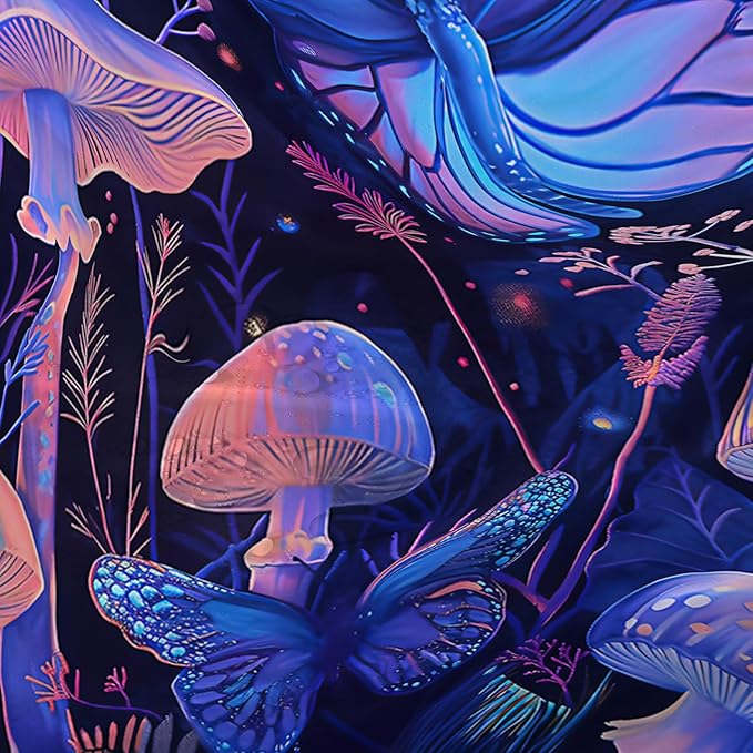 AILONEN Blue Butterfly Shower Curtain,Magic Mushroom Waterproof Fabric Bath Curtain for Kids Girl,Boho Style Shower Curtain Set for Bathroom,Natural Fungal Plant Shower Curtain with Hooks 72" W*78" H