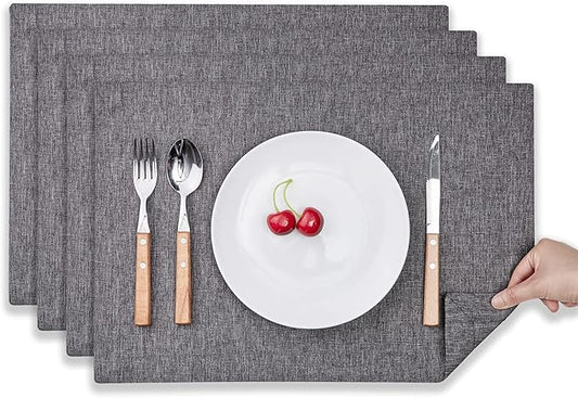 Mebakuk Cloth Placemats, Machine Washable Linen Style Thick Place Mats, Heat Resistant and Easy to Clean Fabric Table Mats for Kitchen Dining Table (Dark Grey, Set of 4)