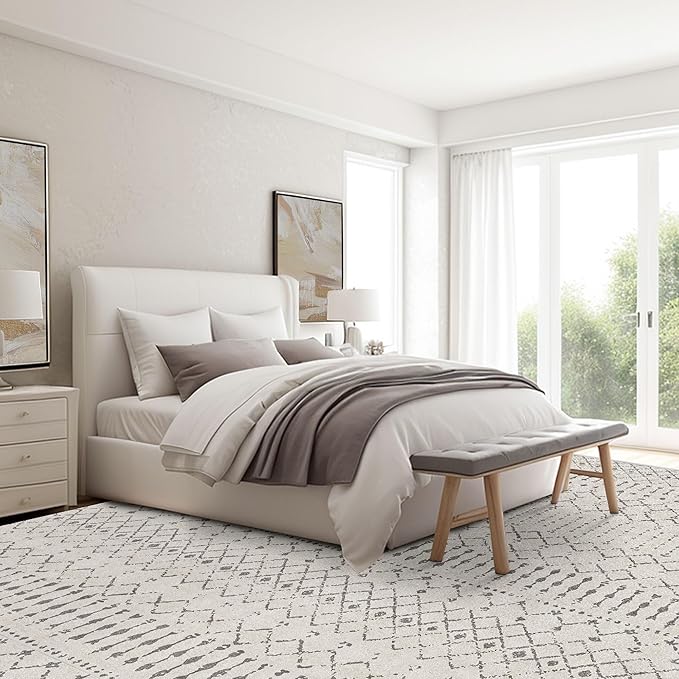 Extra Large Area Rug 10x14 Area Rugs for Living Room, Washable Rugs Moroccan Boho Farmhouse Rug with Non-Slip Backing, Soft Low Pile Floor Carpet Neutral Rug for Bedroom Dining Room, Off White/Grey