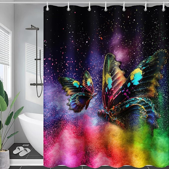AILONEN Butterfly Shower Curtain for Bathroom, Rainbow Butterfly Bath Curtain,Modern 3D Printed Waterproof Tie Dye Shower Curtain with 12 Plastic Hooks (Kids/Girls/Women/Teen/) 48" W*72" H