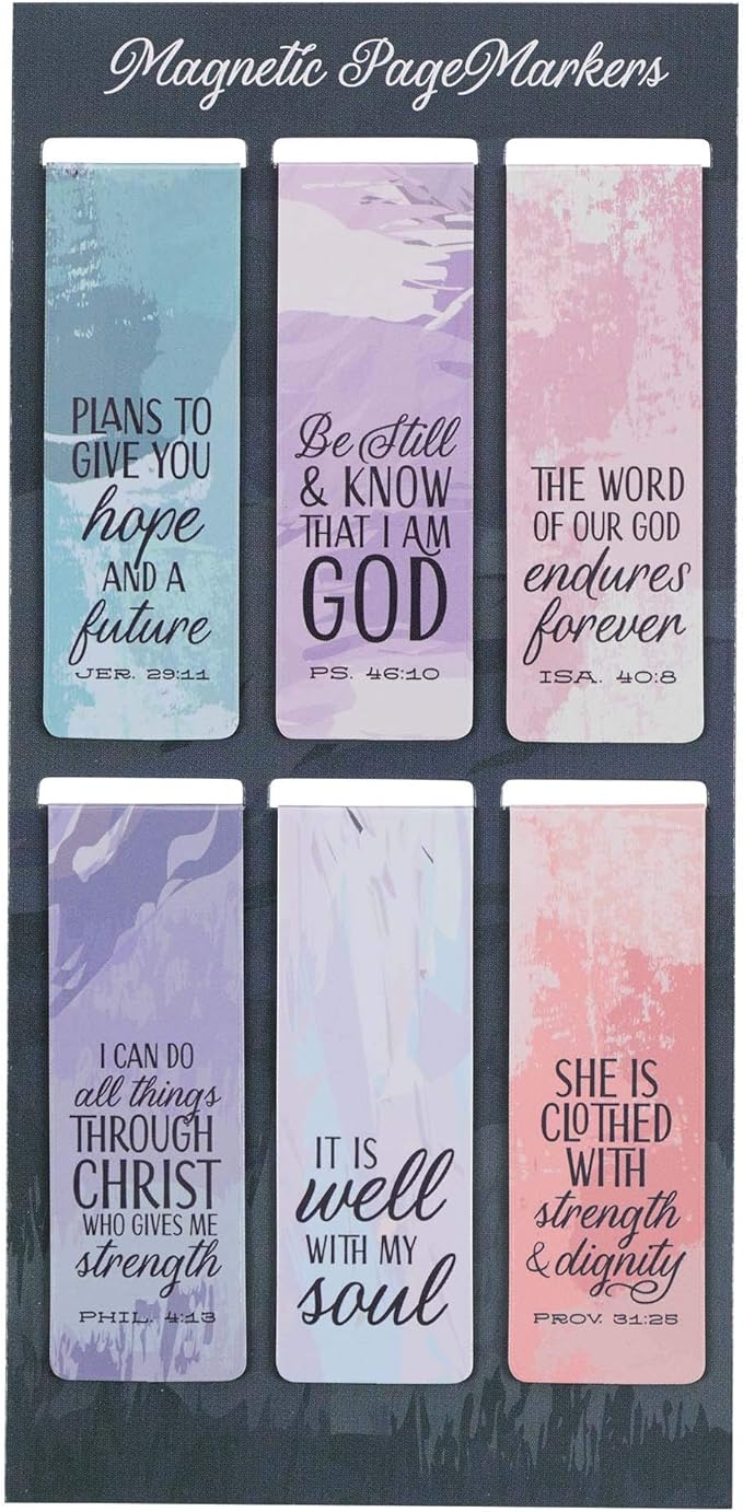 Christian Art Gifts Set of 6 Beloved Scripture Favorites with Abstract Scenic Bookmark Rectangular Folded Magnetic Pastel Design Inspirational Magnetic Bible Verse Bookmark, Size Small 2.3" x 0.8"