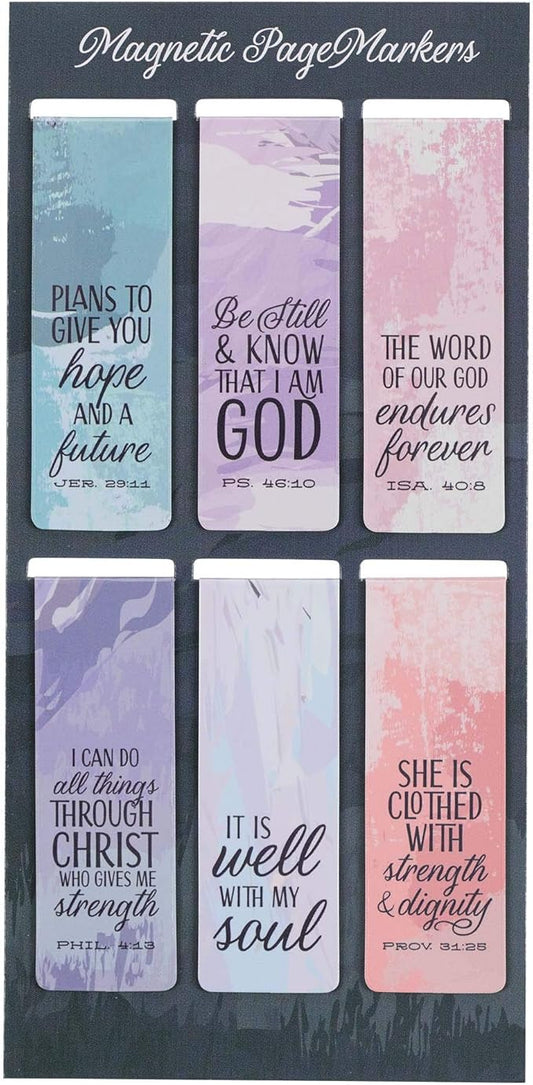 Christian Art Gifts Set of 6 Beloved Scripture Favorites with Abstract Scenic Bookmark Rectangular Folded Magnetic Pastel Design Inspirational Magnetic Bible Verse Bookmark, Size Small 2.3" x 0.8"