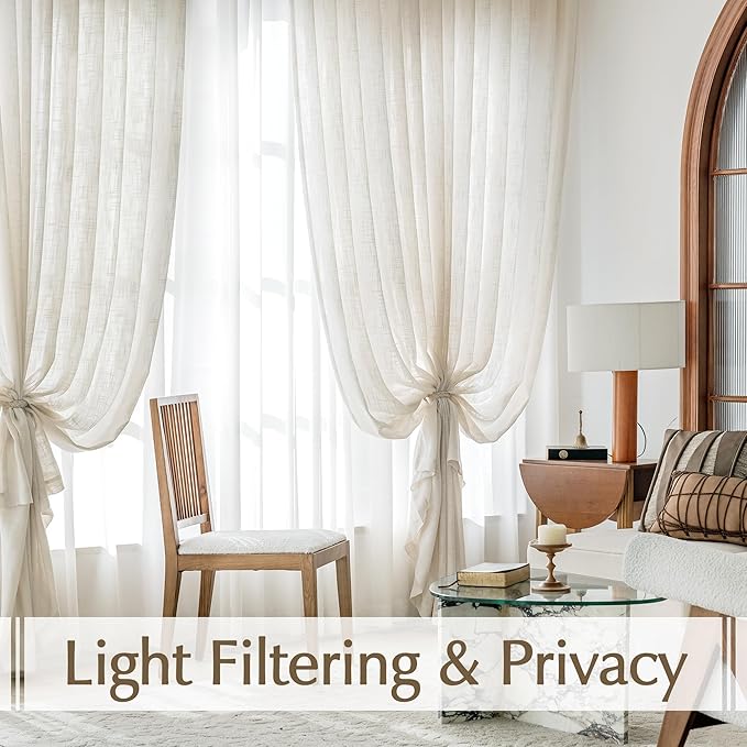 FMFUNCTEX Natural Sliding Door Curtain 84" Sheer Linen Curtains for Living Room Divider 100" Width Extra Wide Bedroom Drapes Linen Patio Door Panel Semi Sheer Window Panels Beige Rod Pocket 1 Panel