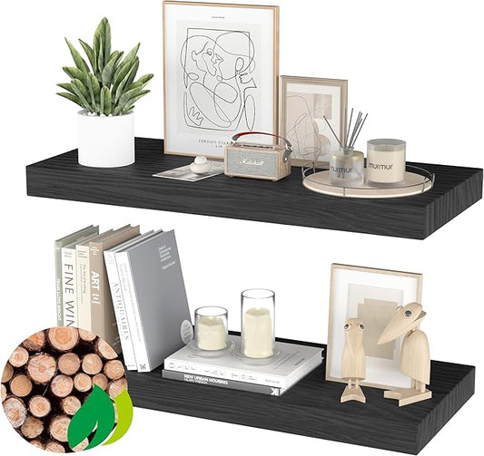 Floating Shelves for Wall- 17 Inch Natural Wood Black Shelves for Bathroom, Bedroom, Kitchen Decor, Farmhouse Decor Set of 2