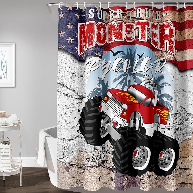 AILONEN Monster Truck Shower Curtain, American Flag Truck Bath Curtain for Boys,Red Truck Car Bathroom Decor Waterproof Fabric 72" W*78" H Inch with 12 Plastic Hooks