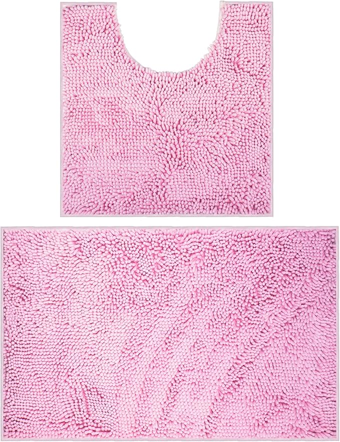 VAGAU Bathroom Rugs 2 Pieces Chenille Bath Rug Mat, Extra Thick and Soft Absorbent Bath Rugs, Machine Washable, Non-Slip Plush Bath Mats for Tub, Shower, and Bath Room (Pink)