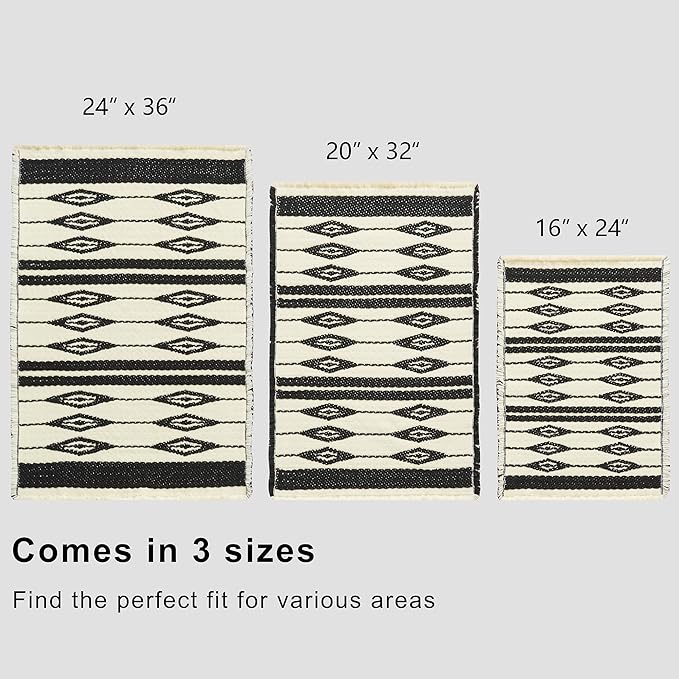 Douceur Boho Bath mat for Bathroom Floor Non Slip, Acrylic Blend Cute Bath Rugs with Tassels, Farmhouse Bathroom Rugs with Geometric Tribal Ethnic Pattern Design in Black and Cream White, 16" x 23.6"