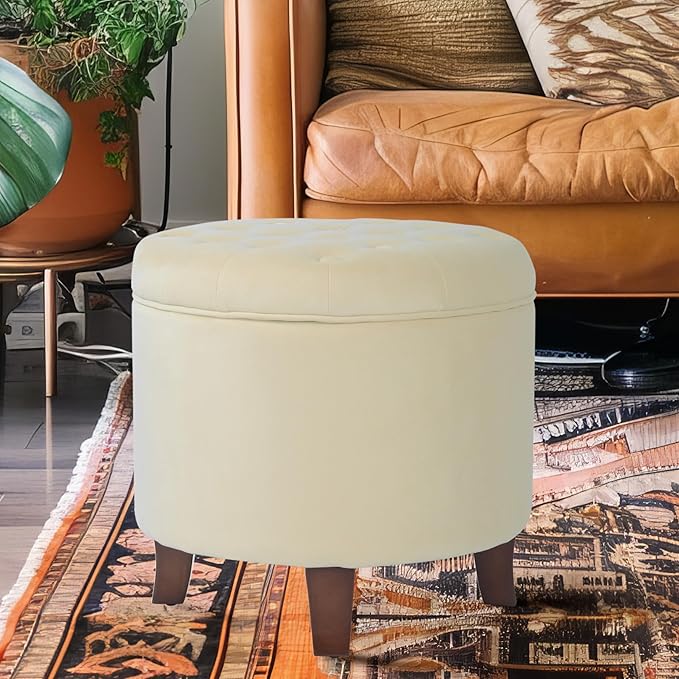 Homepop Home Decor | Upholstered Round Velvet Tufted Foot Rest Ottoman | Ottoman with Storage for Living Room & Bedroom | Decorative Home Furniture, Cream Small