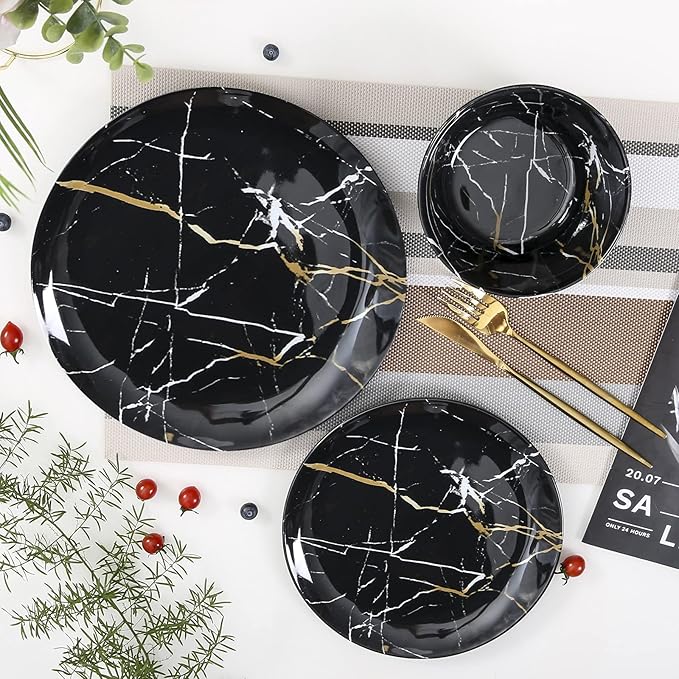 Melamine Dinnerware Set - 12pcs Plates and Bowls Sets Best for Indoor and Outdoor Party, BPA-Free Dishwasher Safe Kitchen Dinner Set with Black Marble Pattern