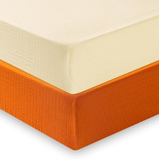 Muslin Crib Sheets for Boys Girls, 2 Pack 100% Cotton Soft Breathable Fitted Baby Sheet Set, 28x52 Inch Fits Standard Crib and Toddler Mattresses, Beige & Ginger