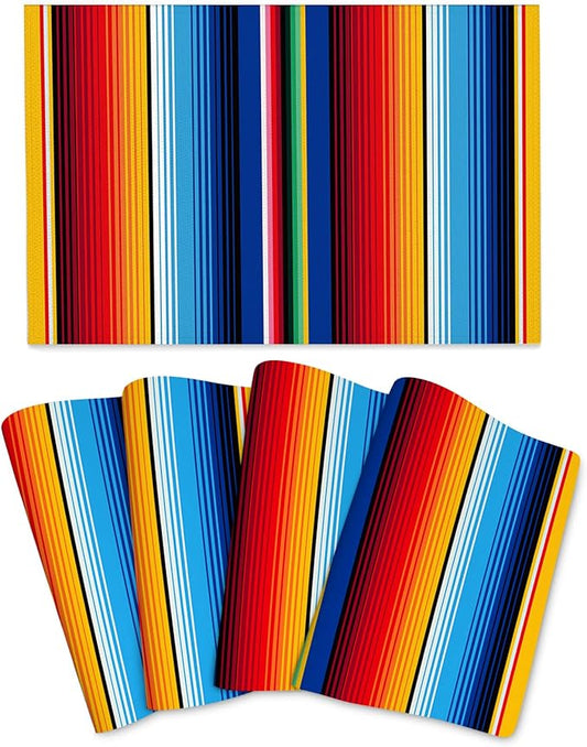 Mexican Placemats Set of 4 Linen 12"x18" Washable Non-Slip Heat-Resistant Rainbow Colorful Stripe Kitchen Table Mats for Dining Outdoor Holiday Party Home Decor