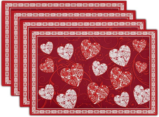 Giwawa Love Heart Placemats Set of 4, Valentines Day Red White Hearts Print Linen Place Mat 12x18 Inch, Romantic Non-Slip Washable Table Mats Kitchen Dining Tabletop Holiday Party Wedding Decor