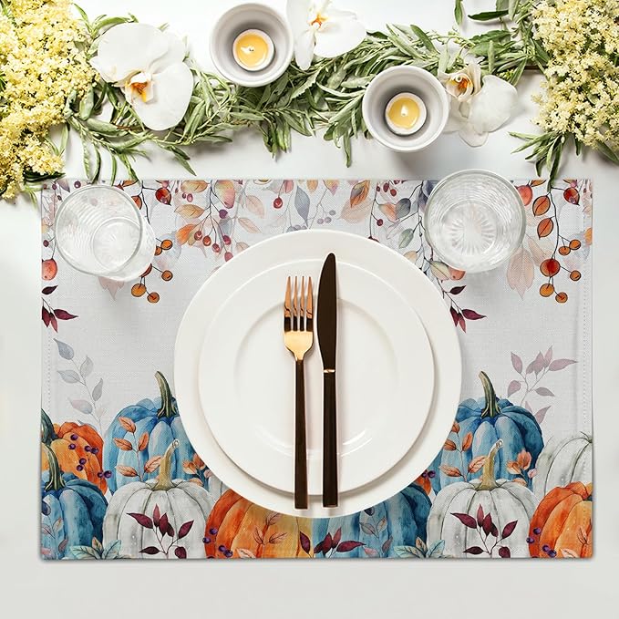 Fall Placemats for Dining Table Set of 4, Autumn Pumpkins Leaves Thanksgiving Harvest Washable Cloth Farmhouse Decorative Kitchen Table Mats 12x18 Inch for Seasonal Home Party Outdoor