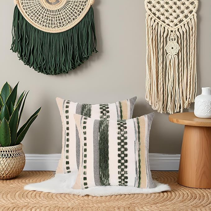 Tosleo Christmas Green 18x18 Pillow Covers Set of 2 Boho Throw Pillow Covers Striped Decorative Pillow Cases Accent Chenille Pillow Cases Farmhouse Cushion Case Accent Nuetral Textured Pillow Cover