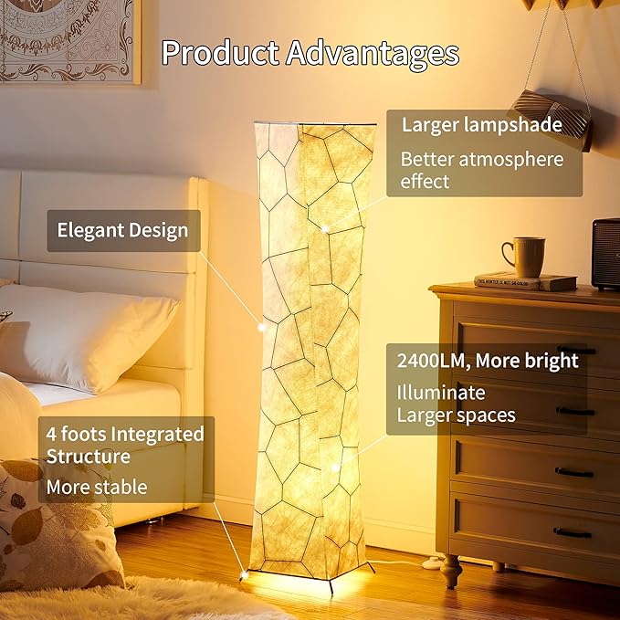chiphy Floor Lamp, 52" (M) Tall Standing Lamp, 3 Levels Adjustable Brightness LED Bulbs, Column Floor Light, Marble Gradient Fabric Lampshade, Home Decor for Living Room, Bedroom, Kids Room