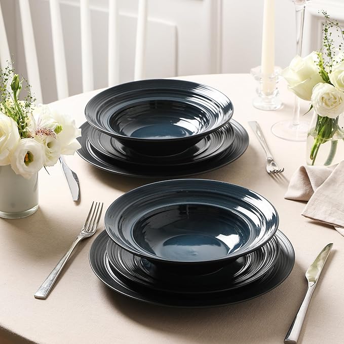 Earth & Clay Celeste 24-Piece Dinnerware Set Stoneware, Plates and Bowls Set, Includes Dinner and Salad Plates, Cereal Bowls, Dishwasher and Microwave Safe, Dishes for 8, Blue