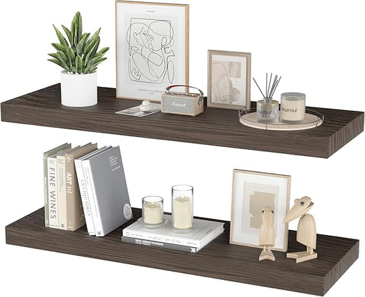 Floating Shelves for Wall - 24 x 9 Inch Natural Wood Shelves for Bathroom, Bedroom, Kitchen Decor, Farmhouse Decor Set of 2, Rustic Brown