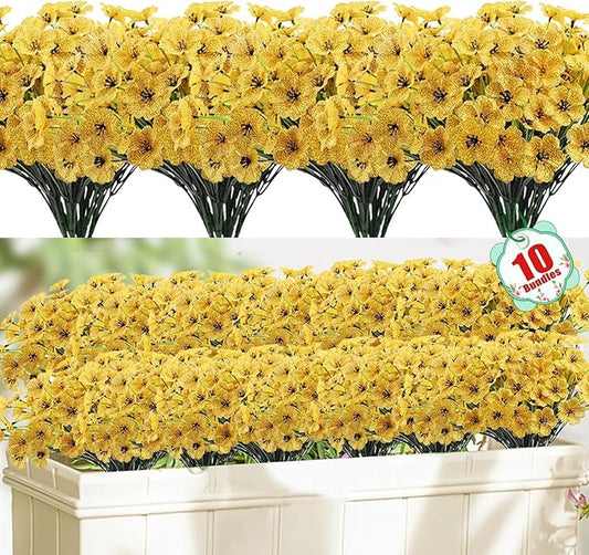 10 Bundles Artificial Flowers Outdoor, Faux Flowers UV Resistant with Plastic Plants, Faux Silk Flowers for Outdoors Outside Front Porch Hanging Planter Window Box Garden Decoration(Yellow)